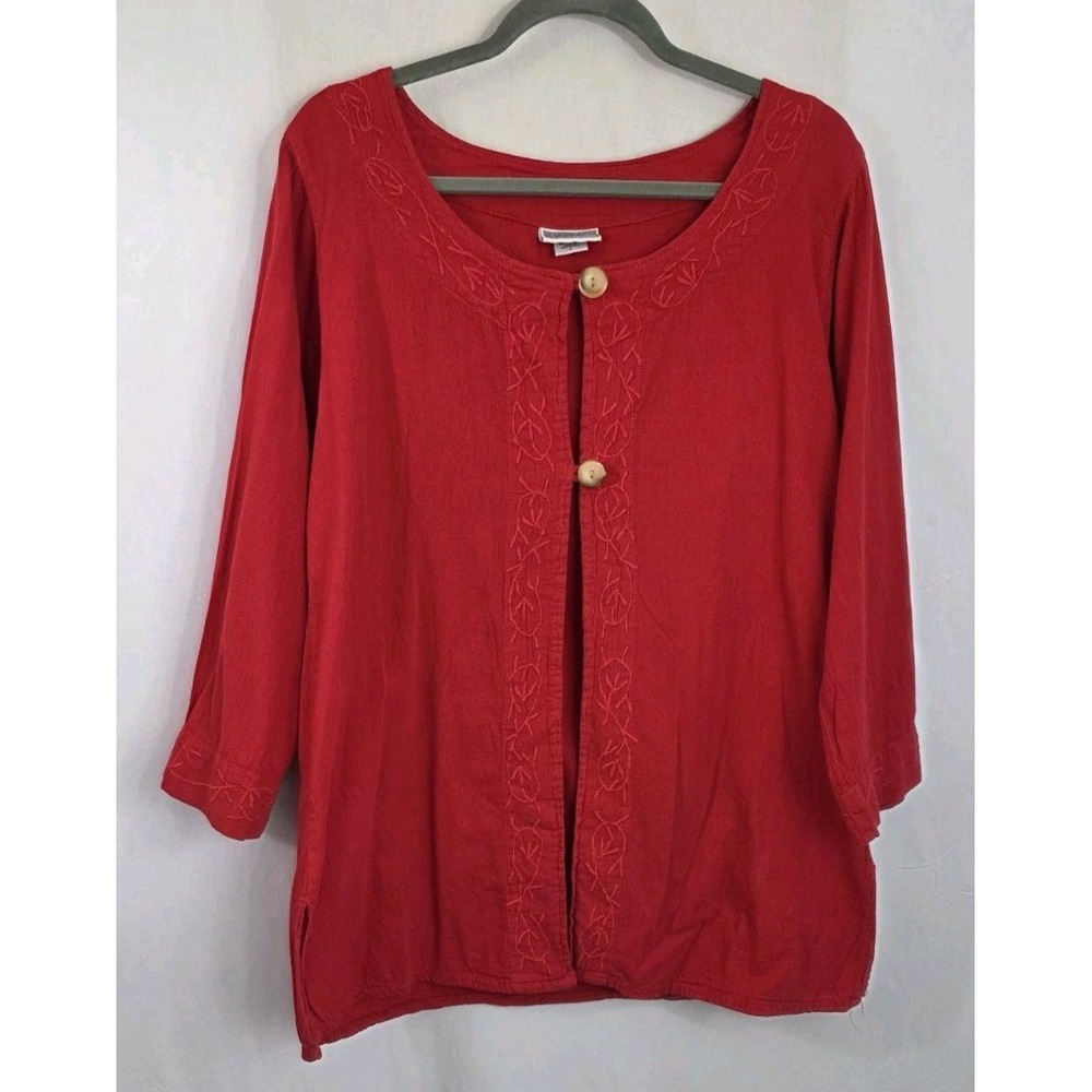 EUCALYPTUS Women's L Red 2 button Jacket Embroidery Handmade Cotton Boho